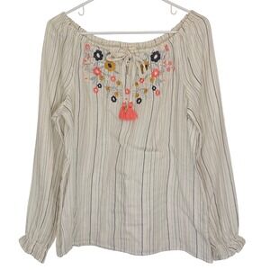 Cotton & Rye Embroidered Striped Tassel‎ Blouse Women's Medium Boho Chic Floral